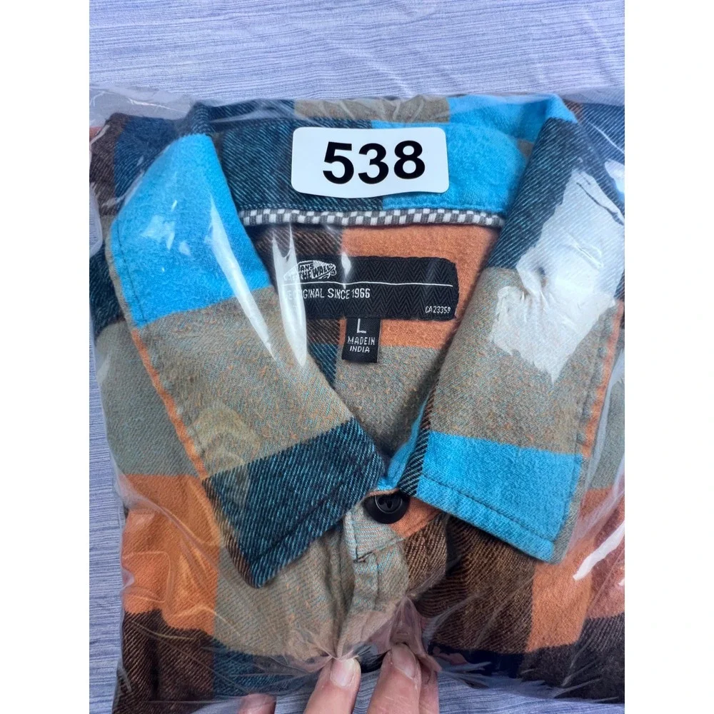 Vans Mens Large Flannel Shirt Blue Orange Plaid Button Down Long Sleeve CA23359 - Picture 6 of 6